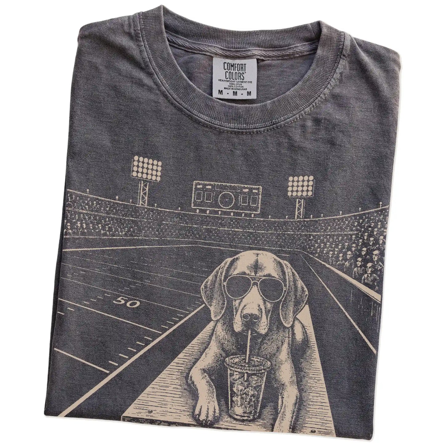 Folded Pepper Comfort Colors® T-shirt showing Vizsla ready for football and tailgate season