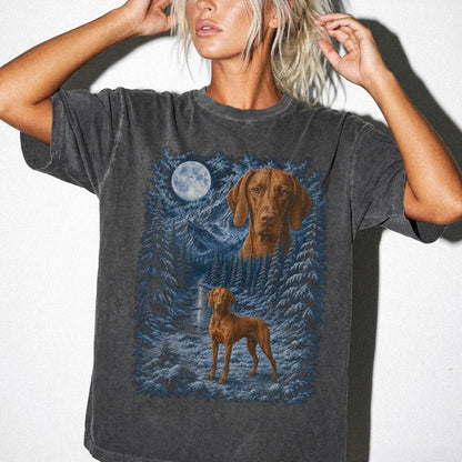 Person wearing a Pepper Vizsla winter forest t-shirt