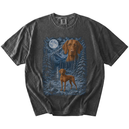 Vizsla in a snowy winter forest on a Pepper t-shirt