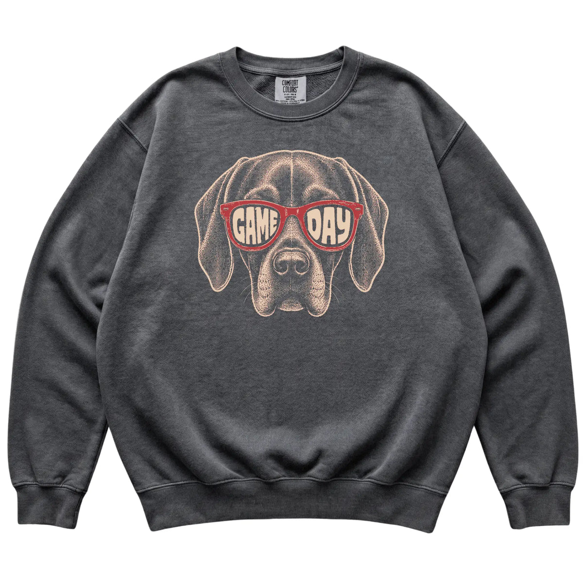 Vizsla Game Day design on a Pepper sweatshirt, flat lay