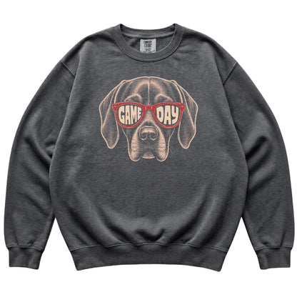 Vizsla Game Day design on a Pepper sweatshirt, flat lay