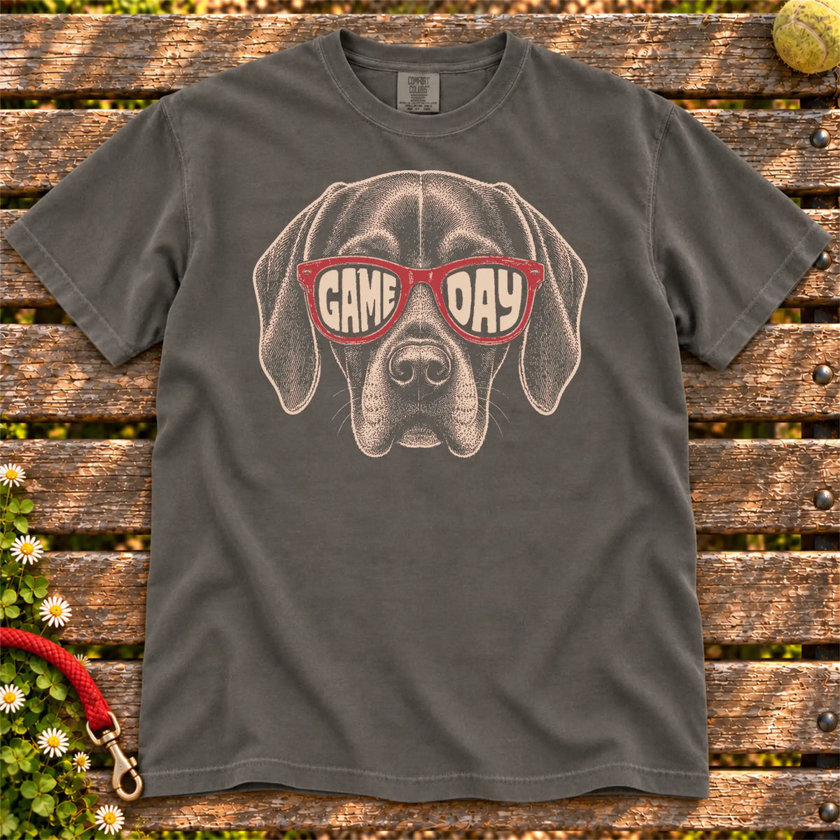 Vizsla Game Day design on a Pepper Comfort Colors T-shirt, shown flat