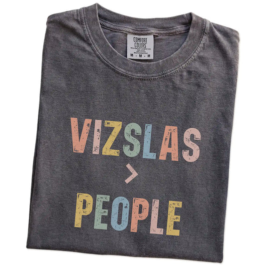 Folded Pepper Comfort Colors® T-shirt showing “Vizslas > People” text