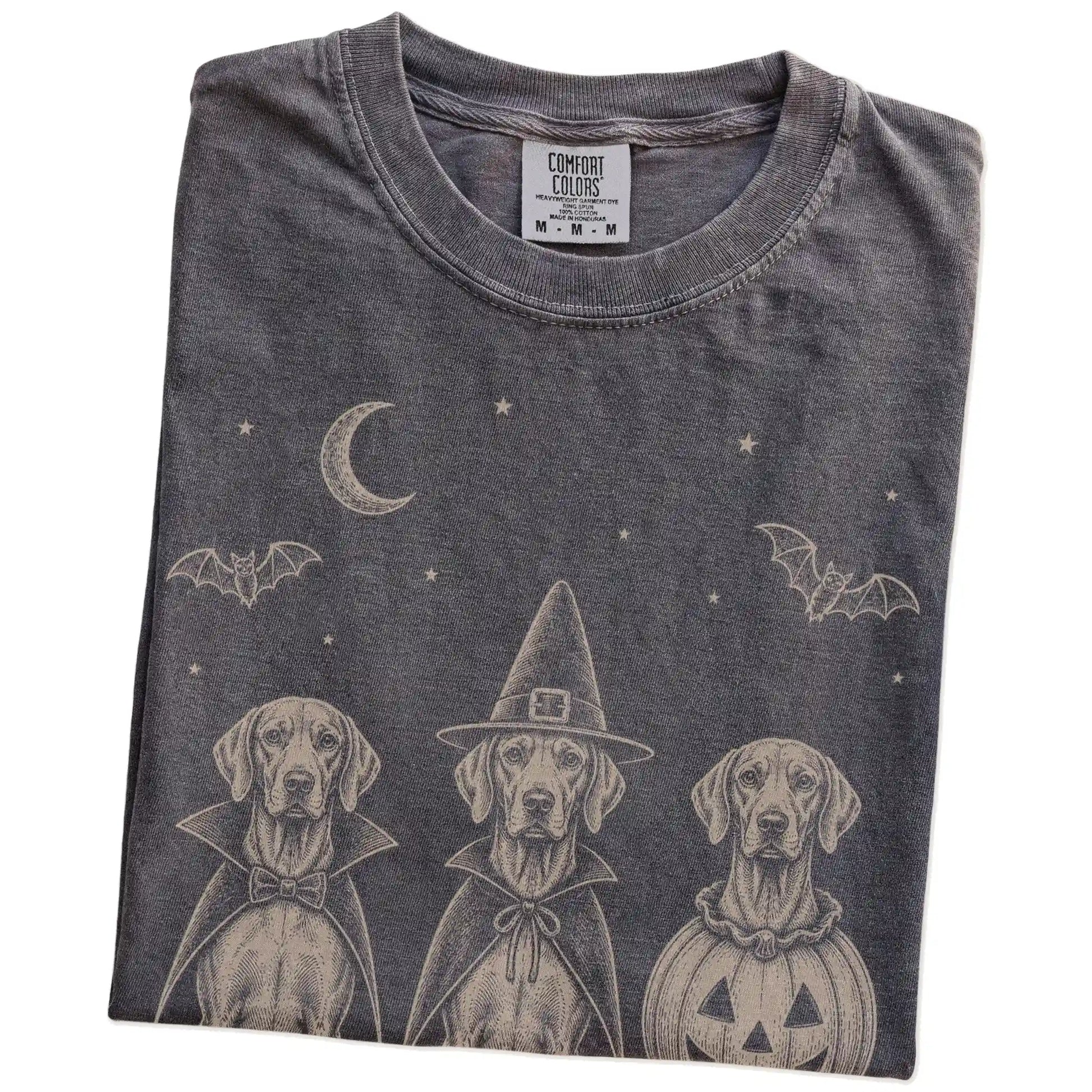 Folded Pepper Comfort Colors® T-shirt showing three Vizsla dogs dressed for Halloween beneath bats and a crescent moon