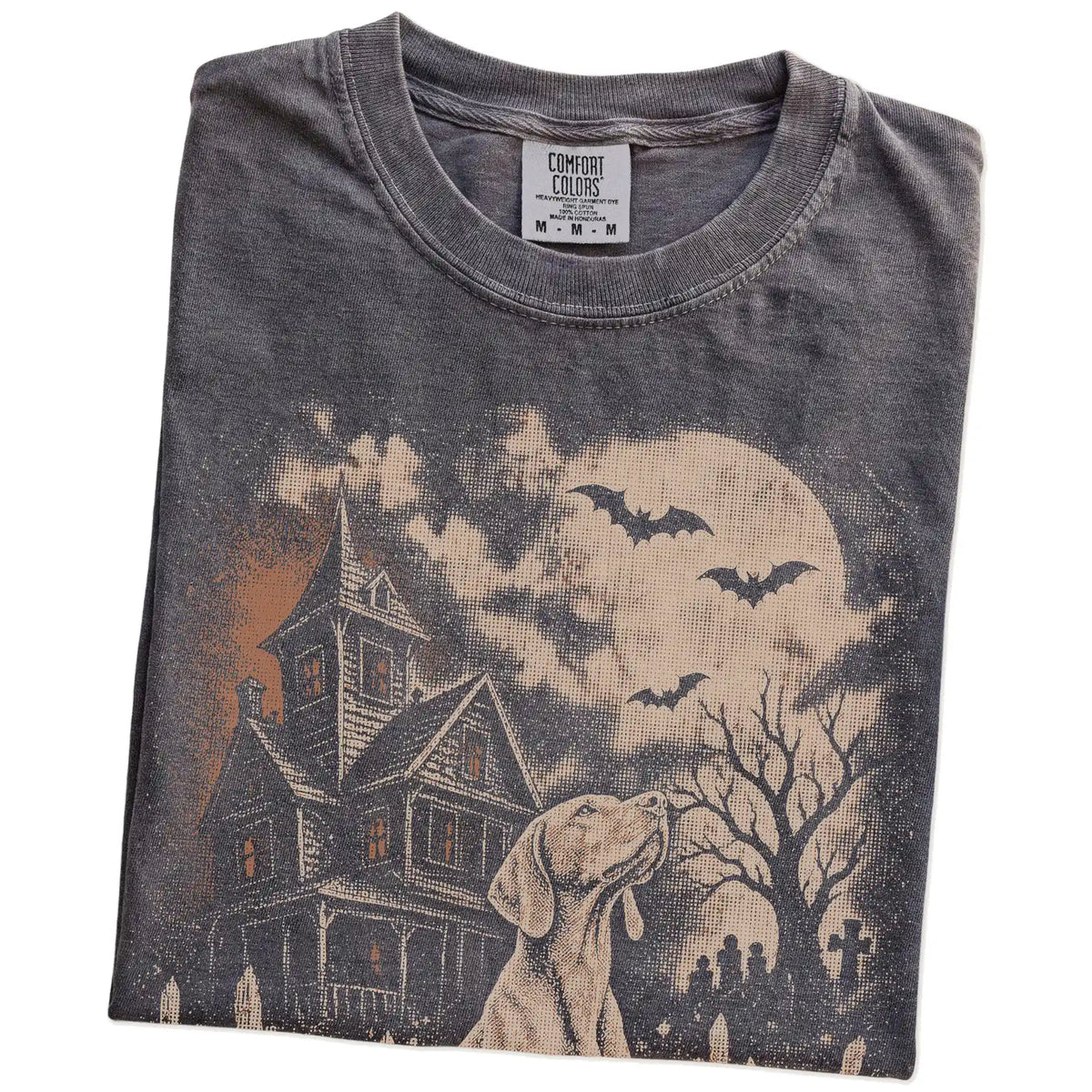 Folded Pepper Comfort Colors® T-shirt showing Vizsla in a vintage haunted-house scene