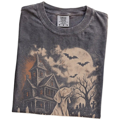 Folded Pepper Comfort Colors® T-shirt showing Vizsla in a vintage haunted-house scene