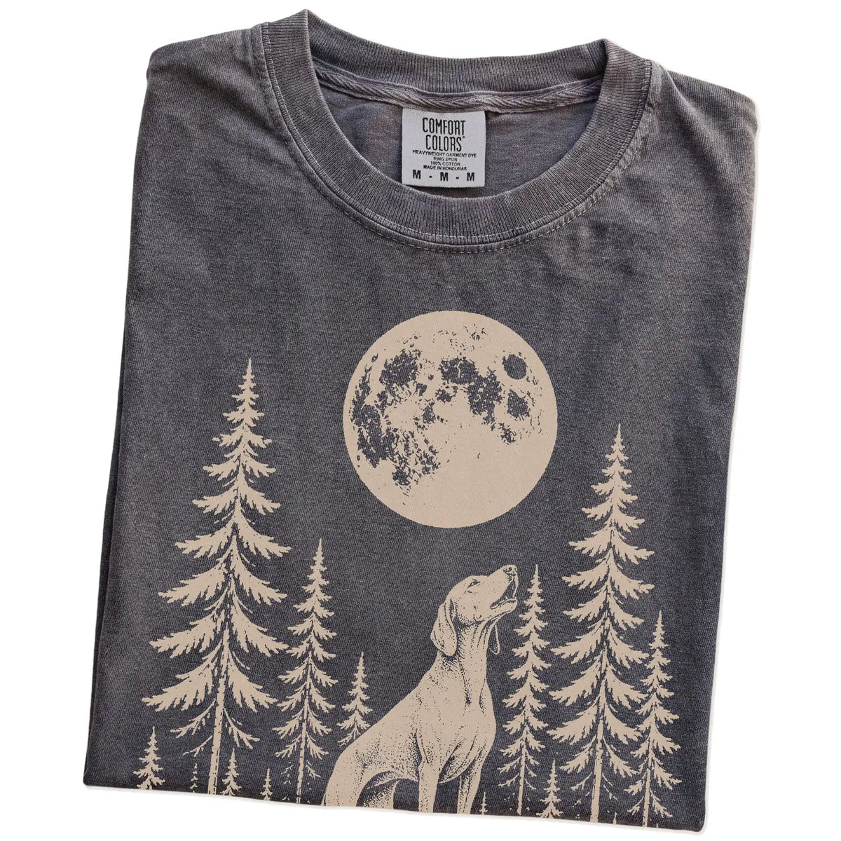 Folded Pepper Comfort Colors® T-shirt showing a Vizsla howling beneath the moon and pine trees