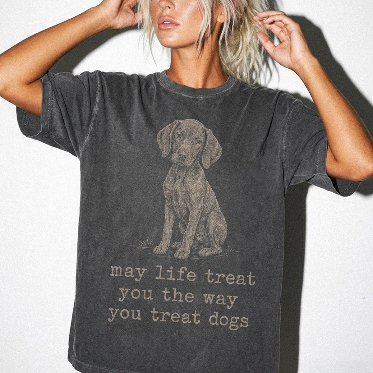 Woman wearing a Pepper Vizsla Karma T-Shirt