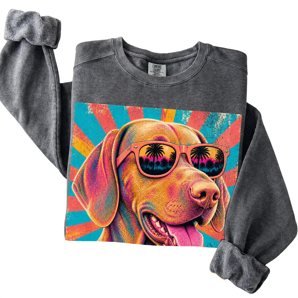 Folded Pepper Comfort Colors sweatshirt with a Retro Vizsla Mama design