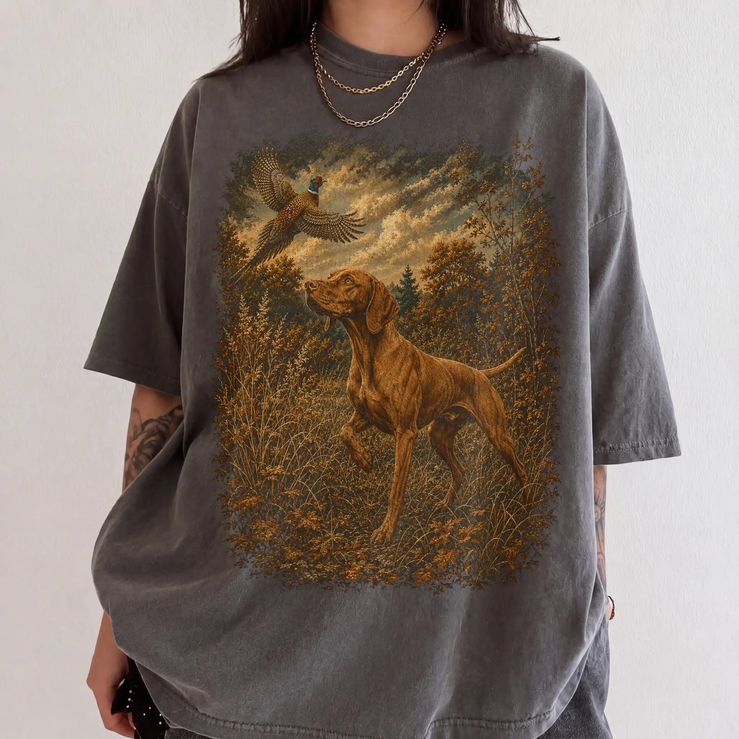 Woman wearing a Pepper Vizsla Pheasant Hunting T-Shirt