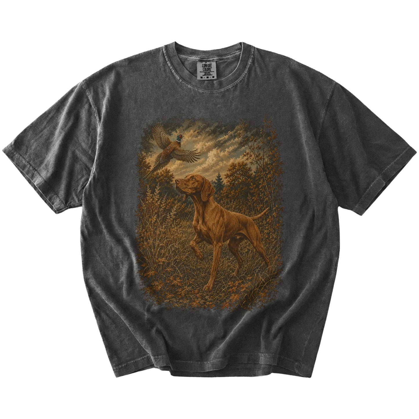 Pepper Vizsla Pheasant Hunting T-Shirt laid flat