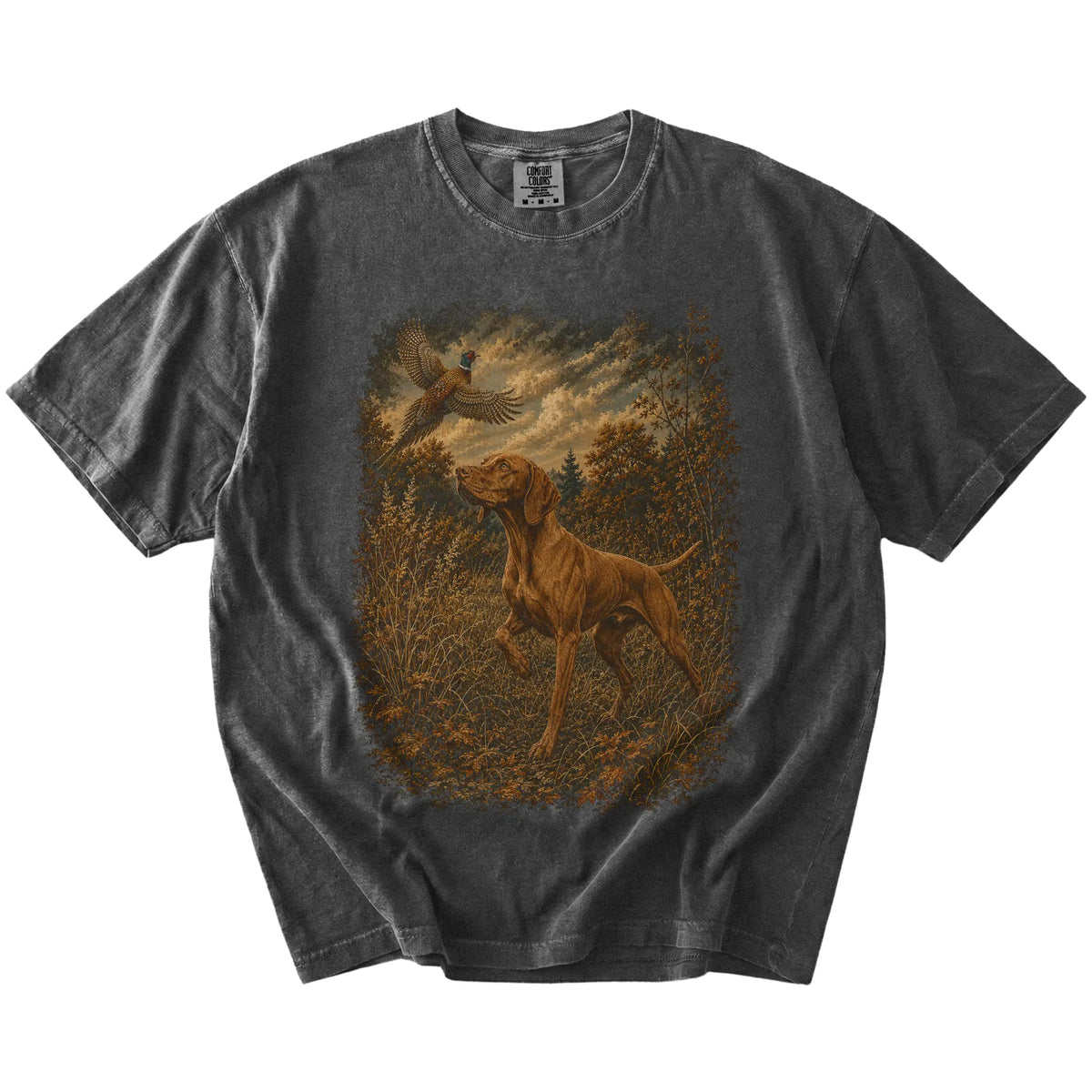 Pepper Vizsla Pheasant Hunting T-Shirt laid flat