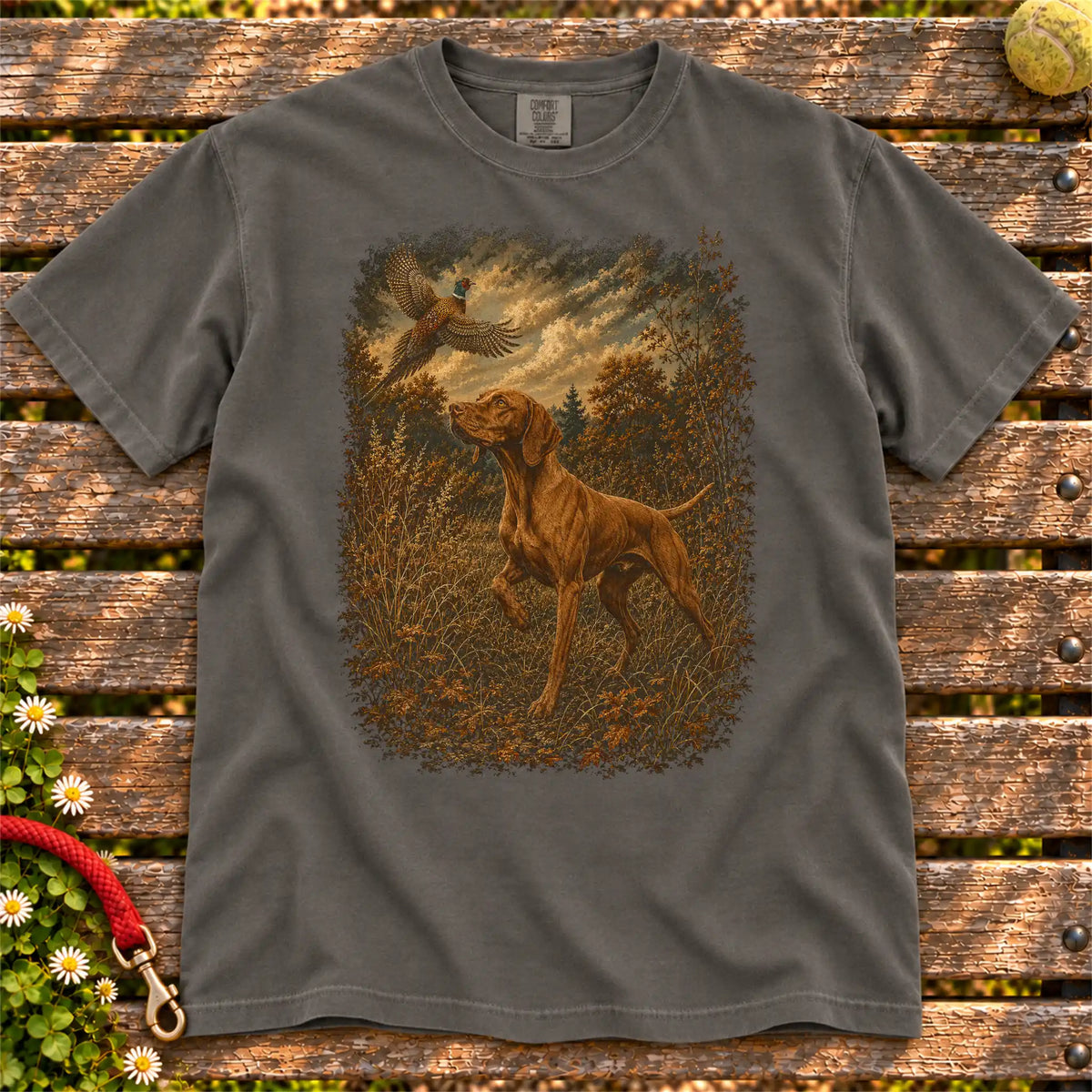 Vizsla Pheasant Hunting on a Pepper T-shirt, shown flat
