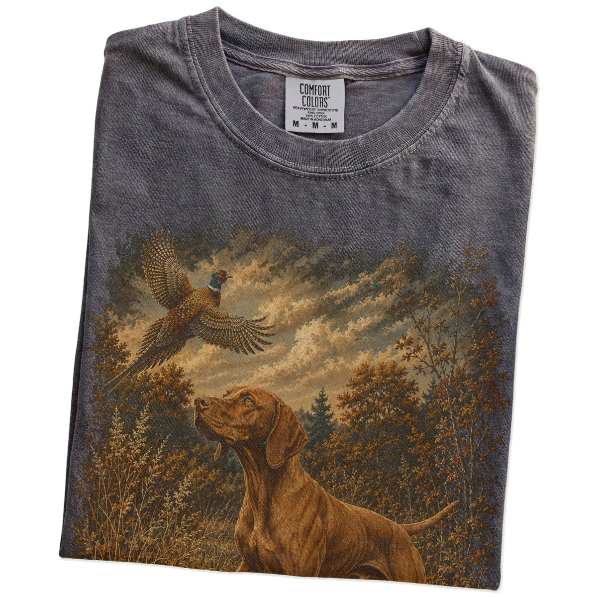 Folded Pepper Vizsla Pheasant Hunting T-Shirt showing the graphic