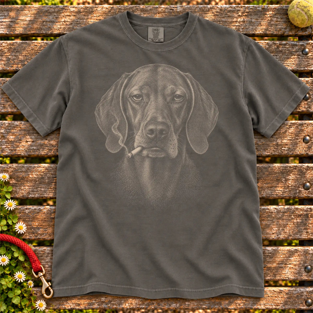 Vizsla smoking design on a Pepper t-shirt
