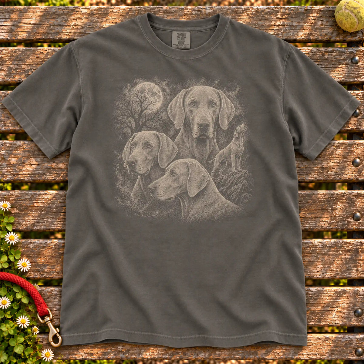 Weimaraner 90s Moon design on a Pepper T-shirt shown flat