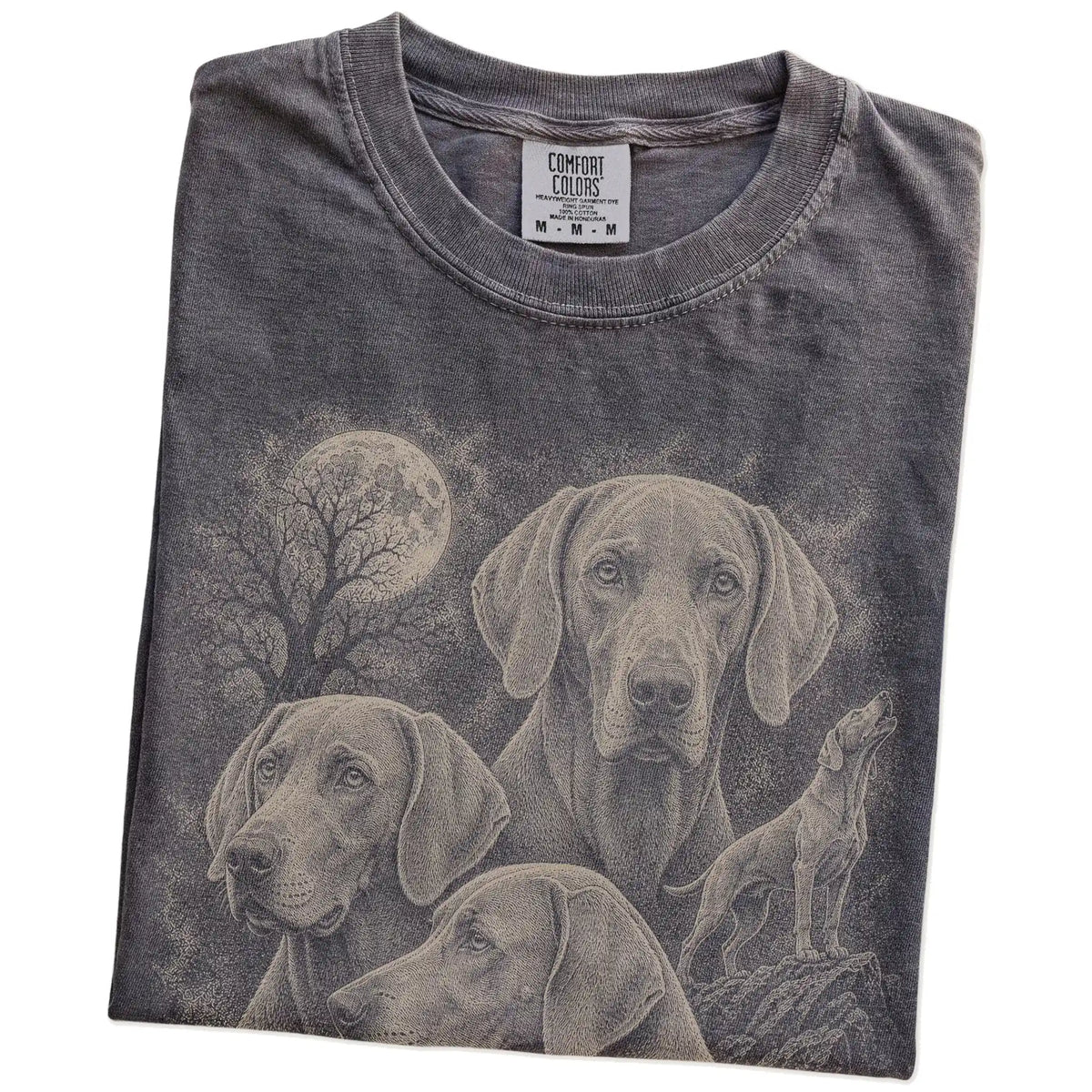 Folded Pepper Comfort Colors® T-shirt showing a vintage moon montage featuring Weimaraner