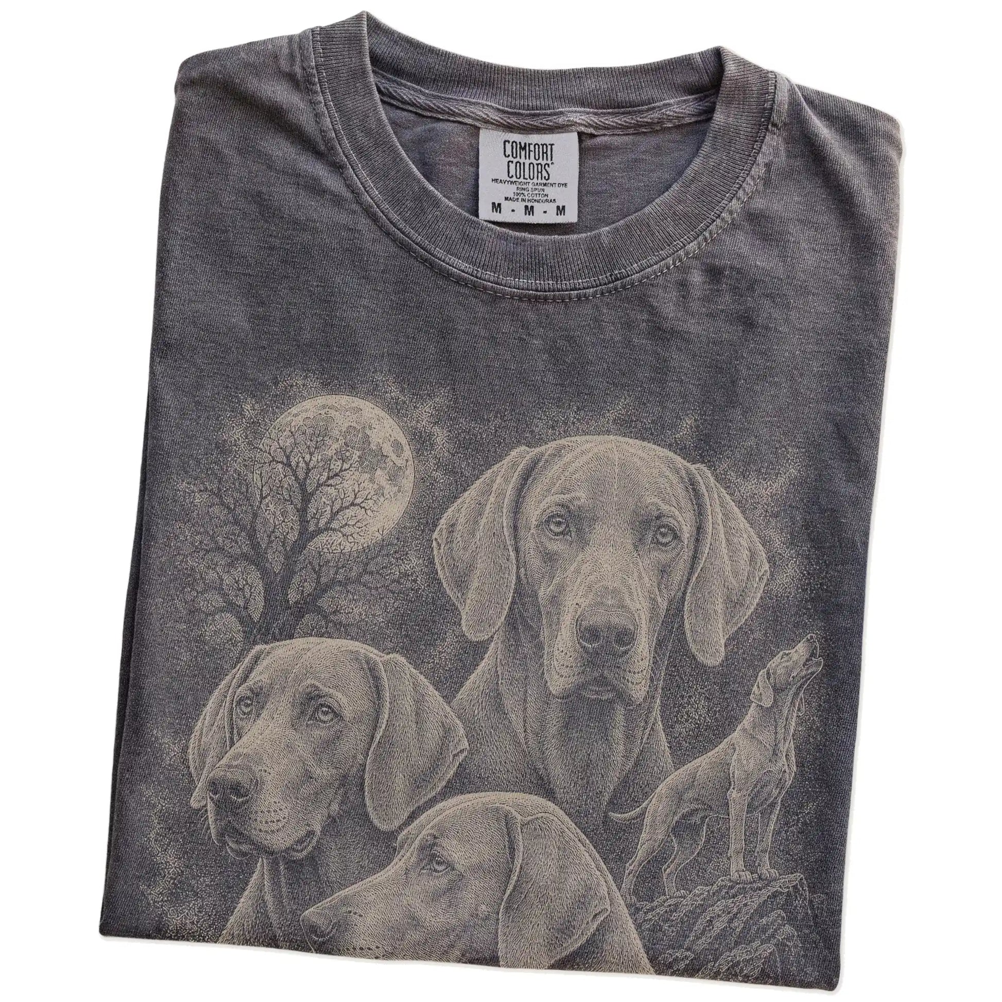 Folded Pepper Comfort Colors® T-shirt showing a vintage moon montage featuring Weimaraner