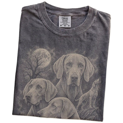 Folded Pepper Comfort Colors® T-shirt showing a vintage moon montage featuring Weimaraner