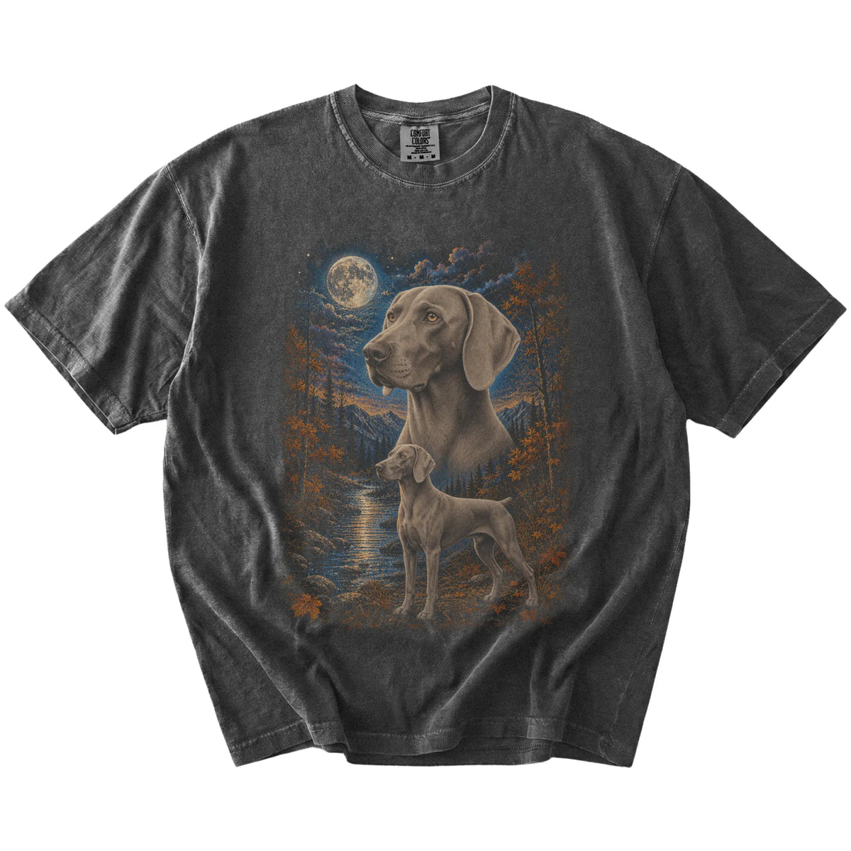 pepper T-shirt with Weimaraner Autumn Moon artwork.