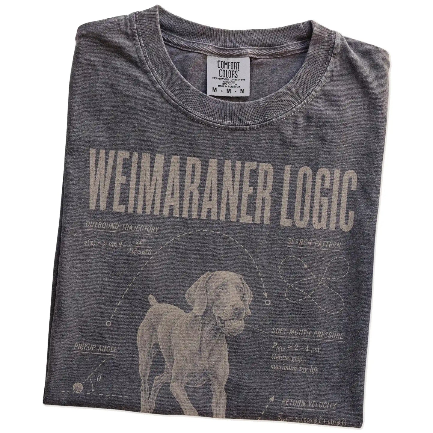 Folded Pepper Weimaraner Ball Logic T-Shirt showing the graphic
