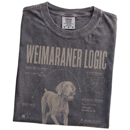 Folded Pepper Weimaraner Ball Logic T-Shirt showing the graphic