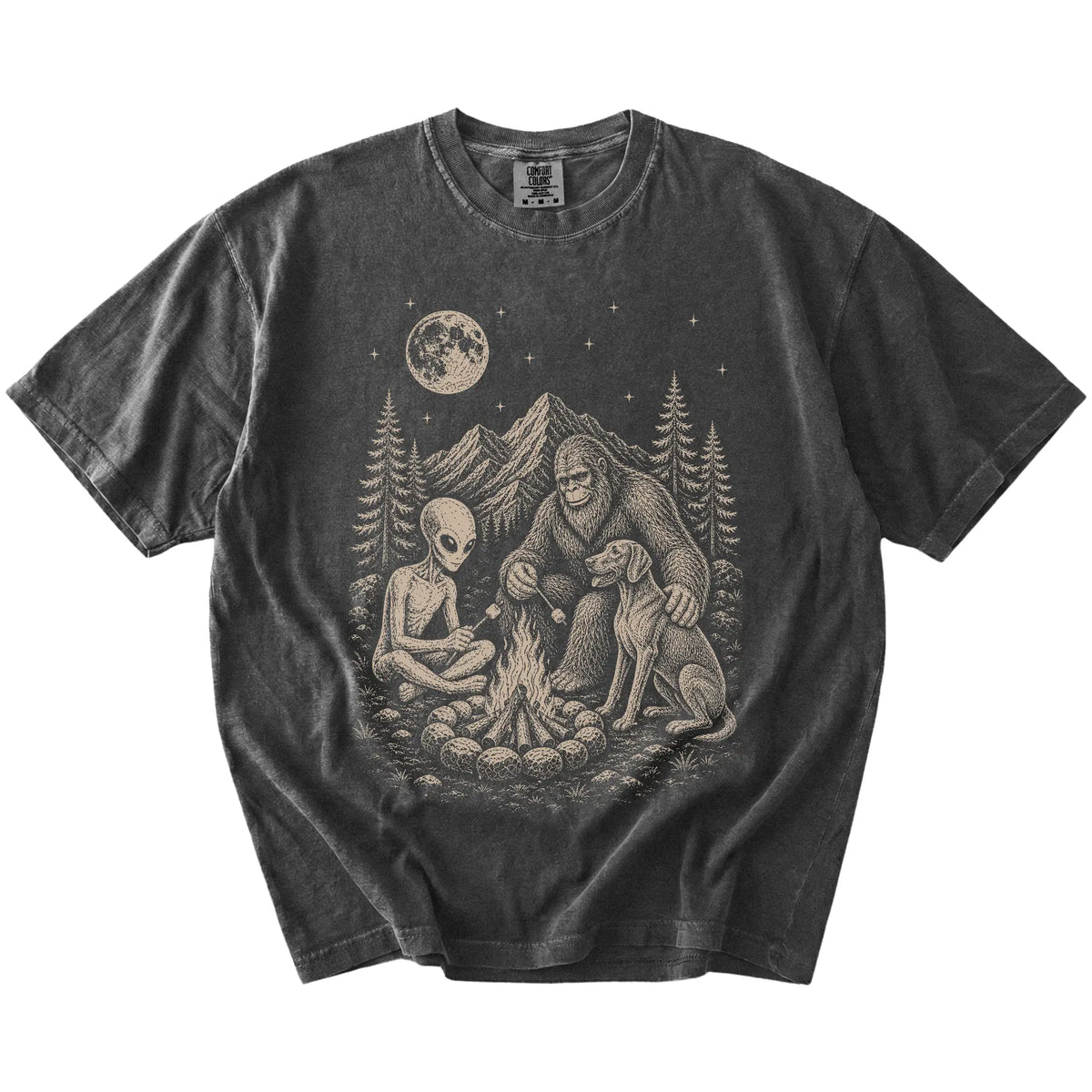 Weimaraner camping with Bigfoot and an alien on a Pepper Comfort Colors® T-shirt