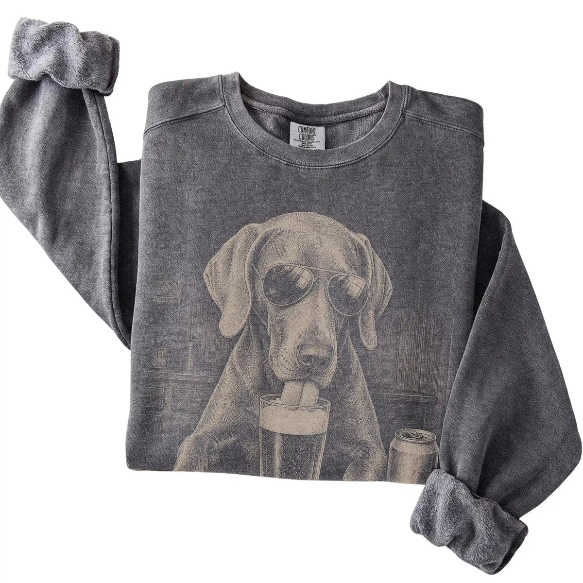 Pepper Weimaraner drinking from a pint at a bar, folded detail view