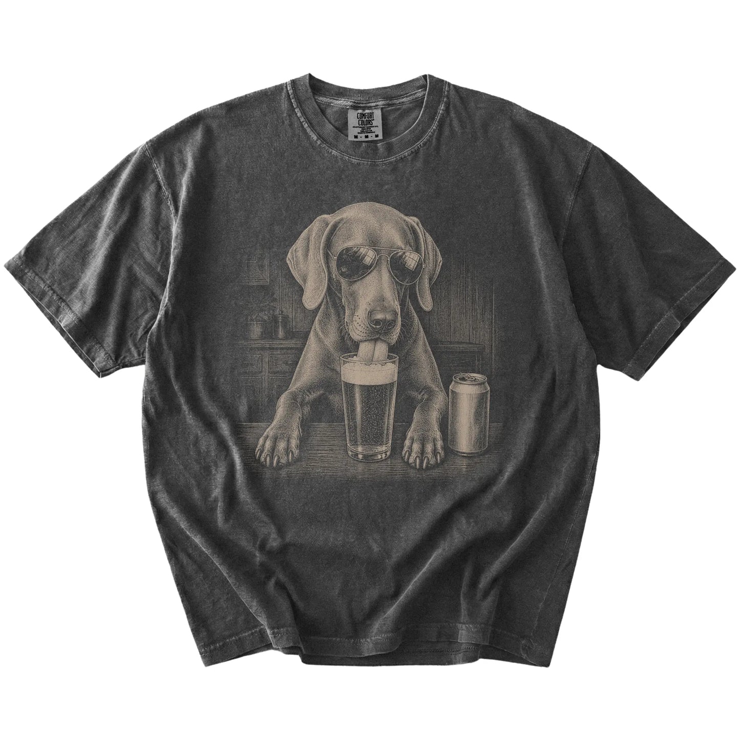 Weimaraner sneaking a drink from a foamy pint at home on a Pepper Comfort Colors® t-shirt