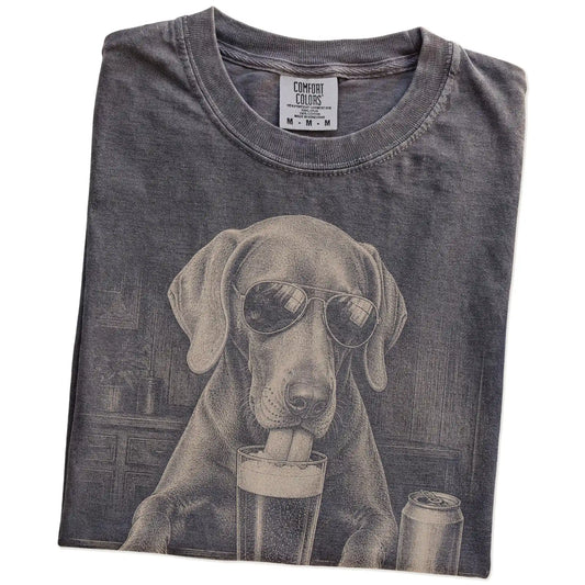 Folded Pepper Comfort Colors® t-shirt showing Weimaraner sneaking a drink from a pint