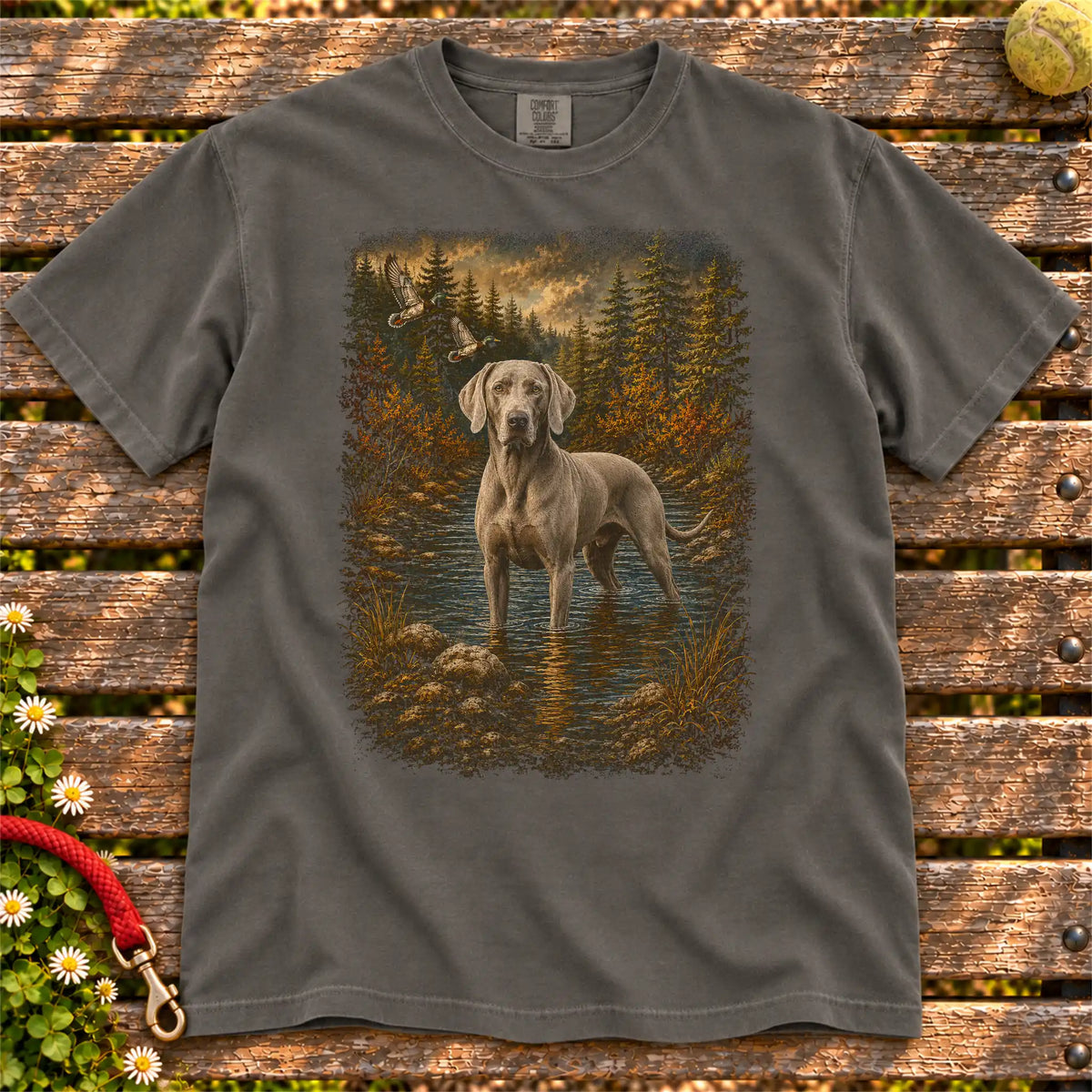Weimaraner Duck Hunting on a Pepper T-shirt, shown flat