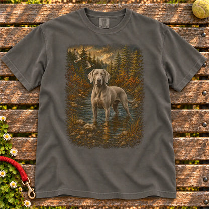 Weimaraner Duck Hunting on a Pepper T-shirt, shown flat