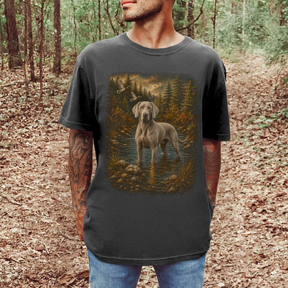 Man wearing a Pepper Weimaraner Duck Hunting T-Shirt