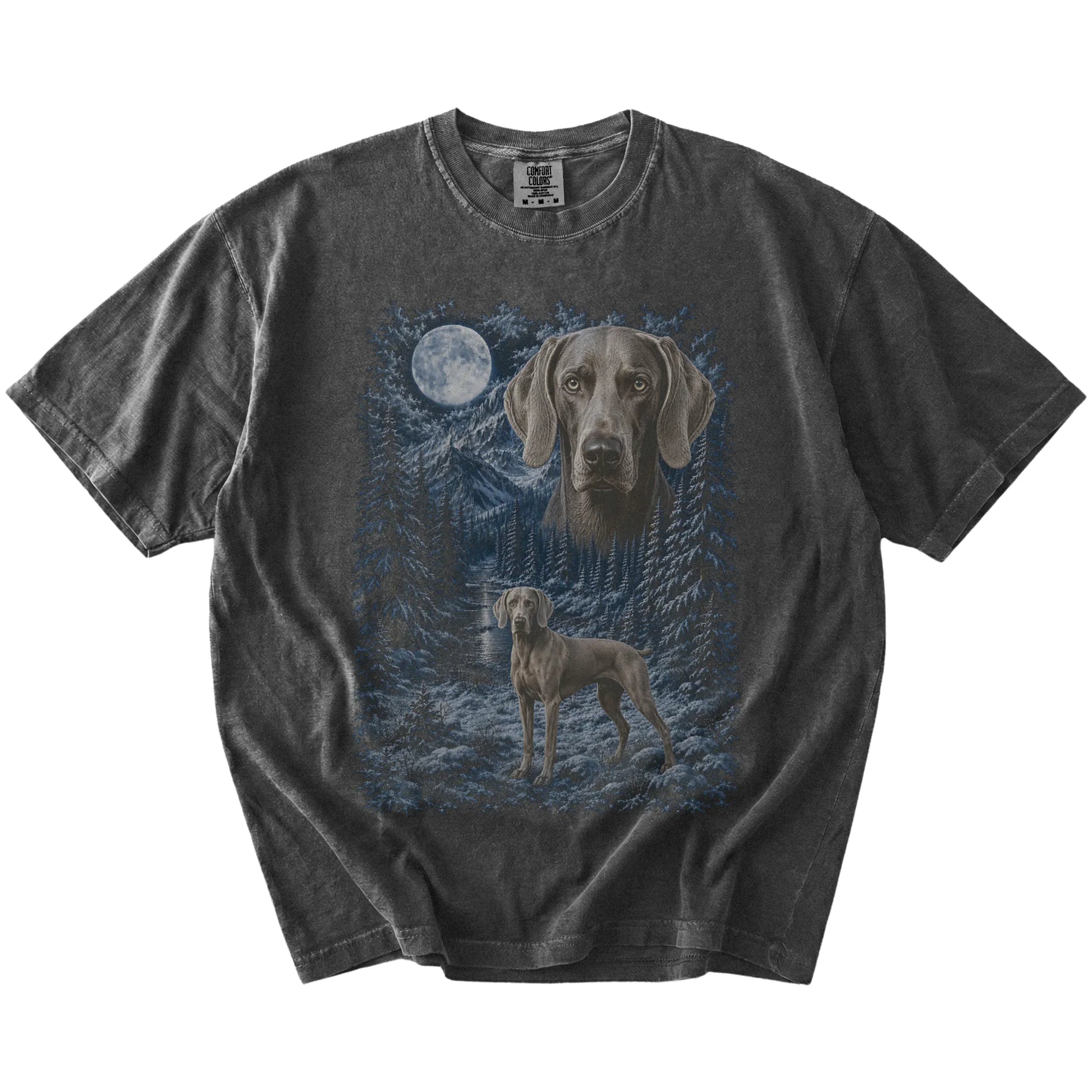 Weimaraner in a snowy winter forest on a Pepper t-shirt
