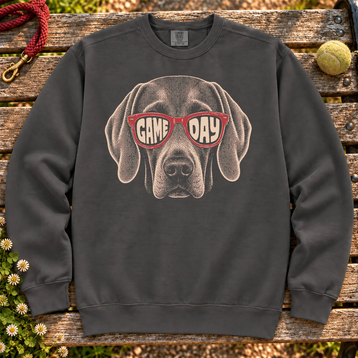 Weimaraner Game Day Sunglasses on a Pepper crewneck sweatshirt, shown flat