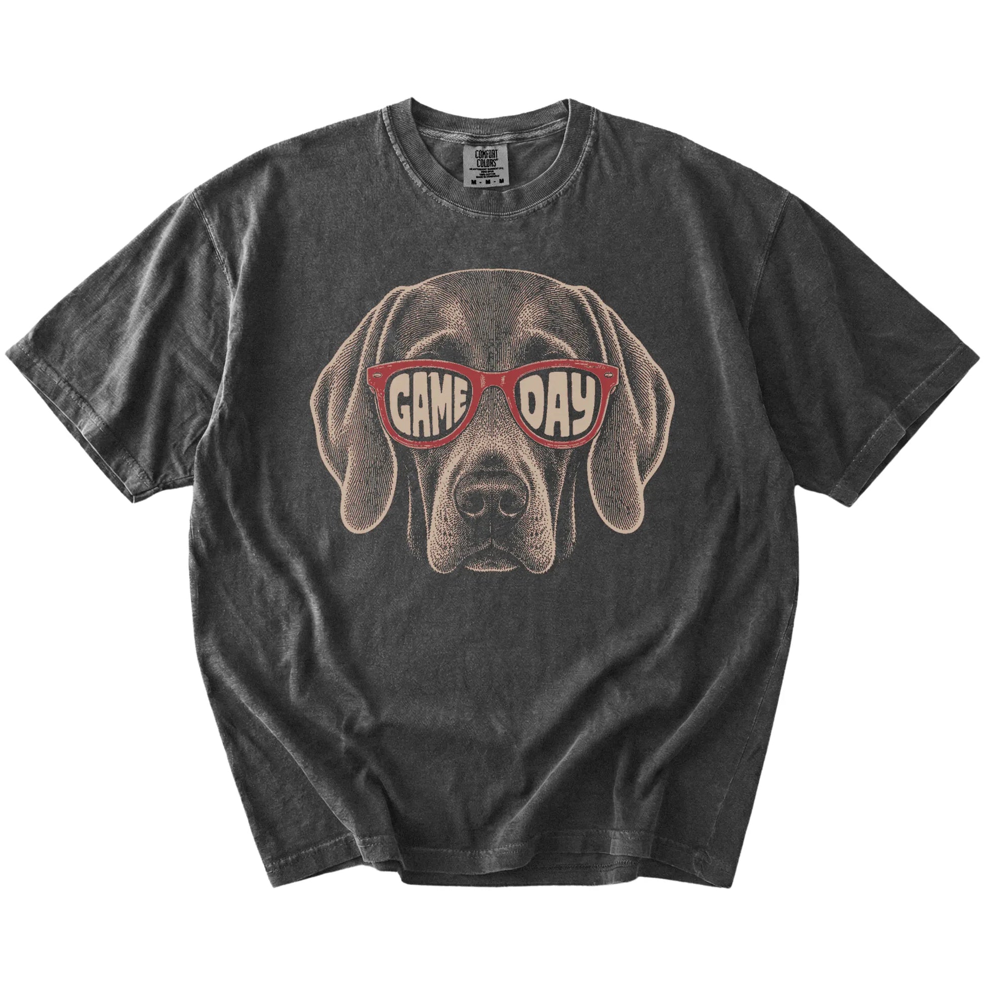 Weimaraner wearing red Game Day sunglasses on a Pepper Comfort Colors® T-shirt