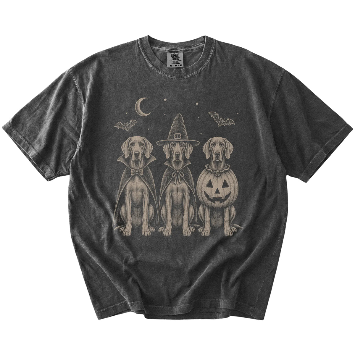 Three Weimaraner dogs dressed for Halloween beneath bats and a crescent moon on a Pepper Comfort Colors® T-shirt