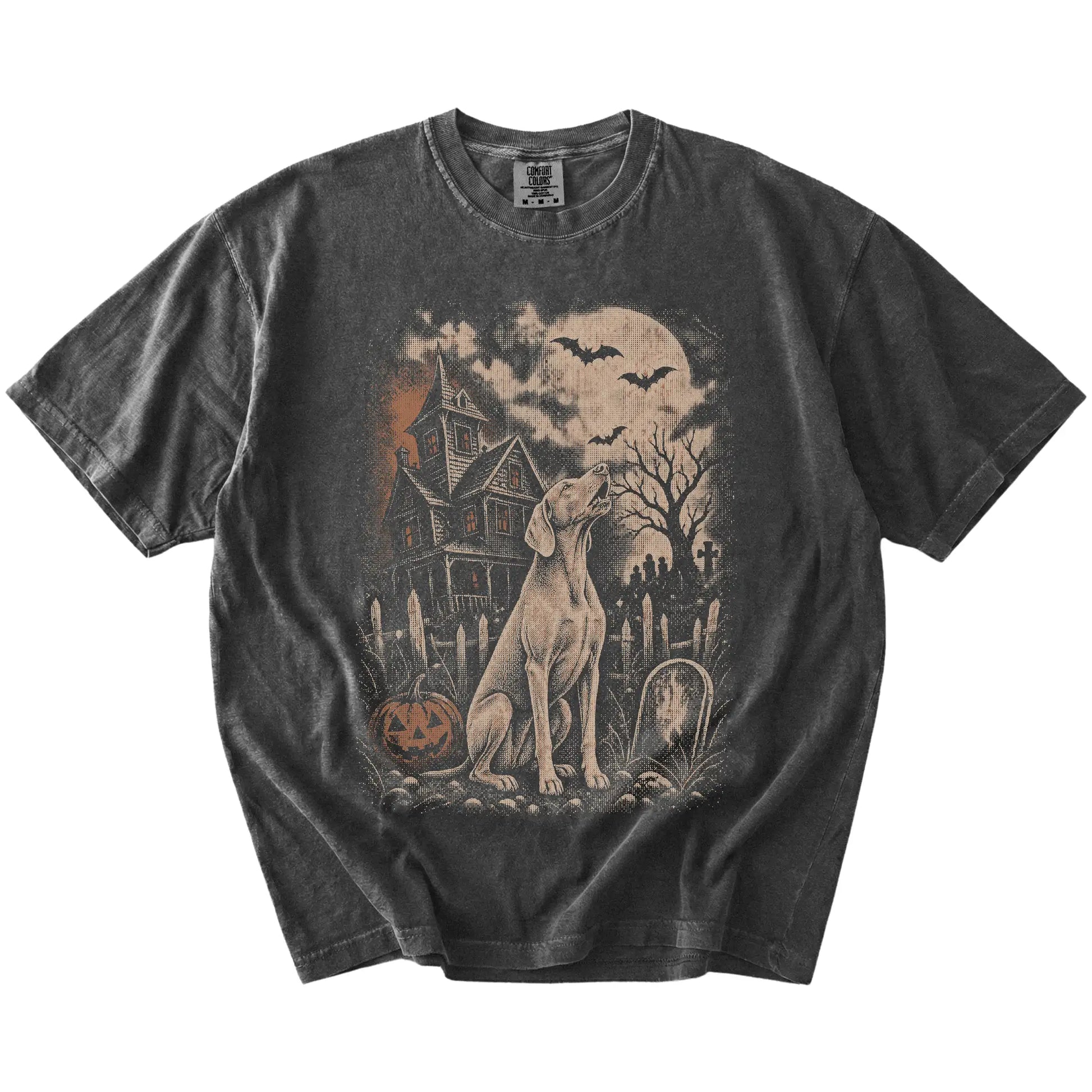 Weimaraner in a vintage haunted-house scene on a Pepper Comfort Colors® T-shirt