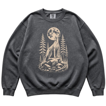 Close view of Weimaraner Howling at the Moon artwork on Pepper Comfort Colors sweatshirt