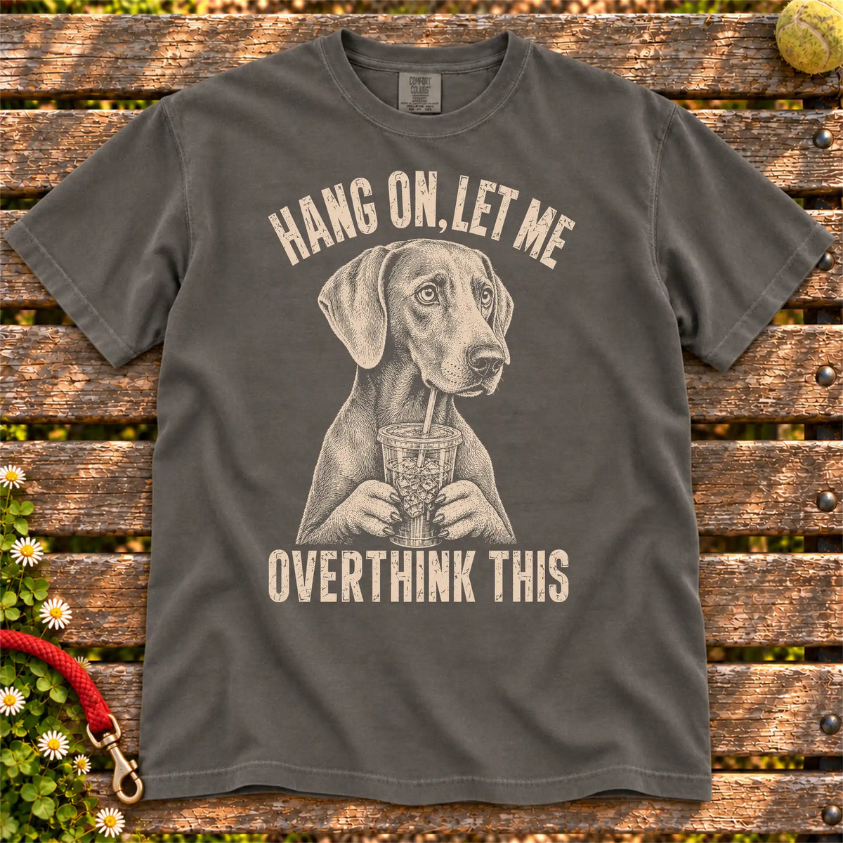 Overthinking Weimaraner design on a Pepper Comfort Colors T-shirt, shown flat