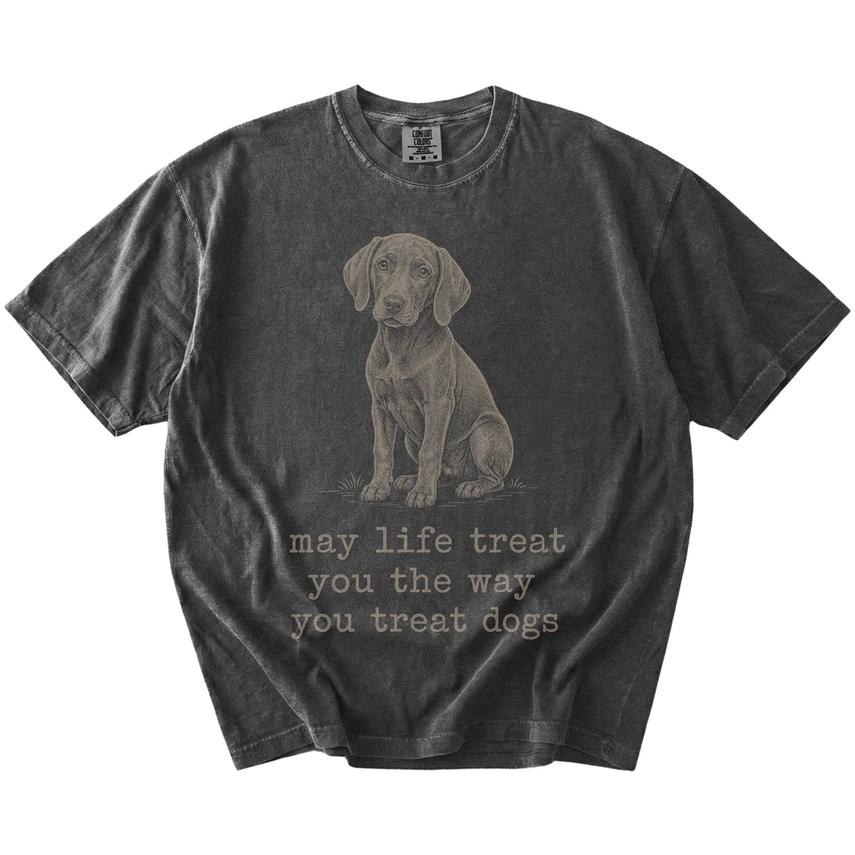 Pepper Weimaraner Karma T-Shirt laid flat