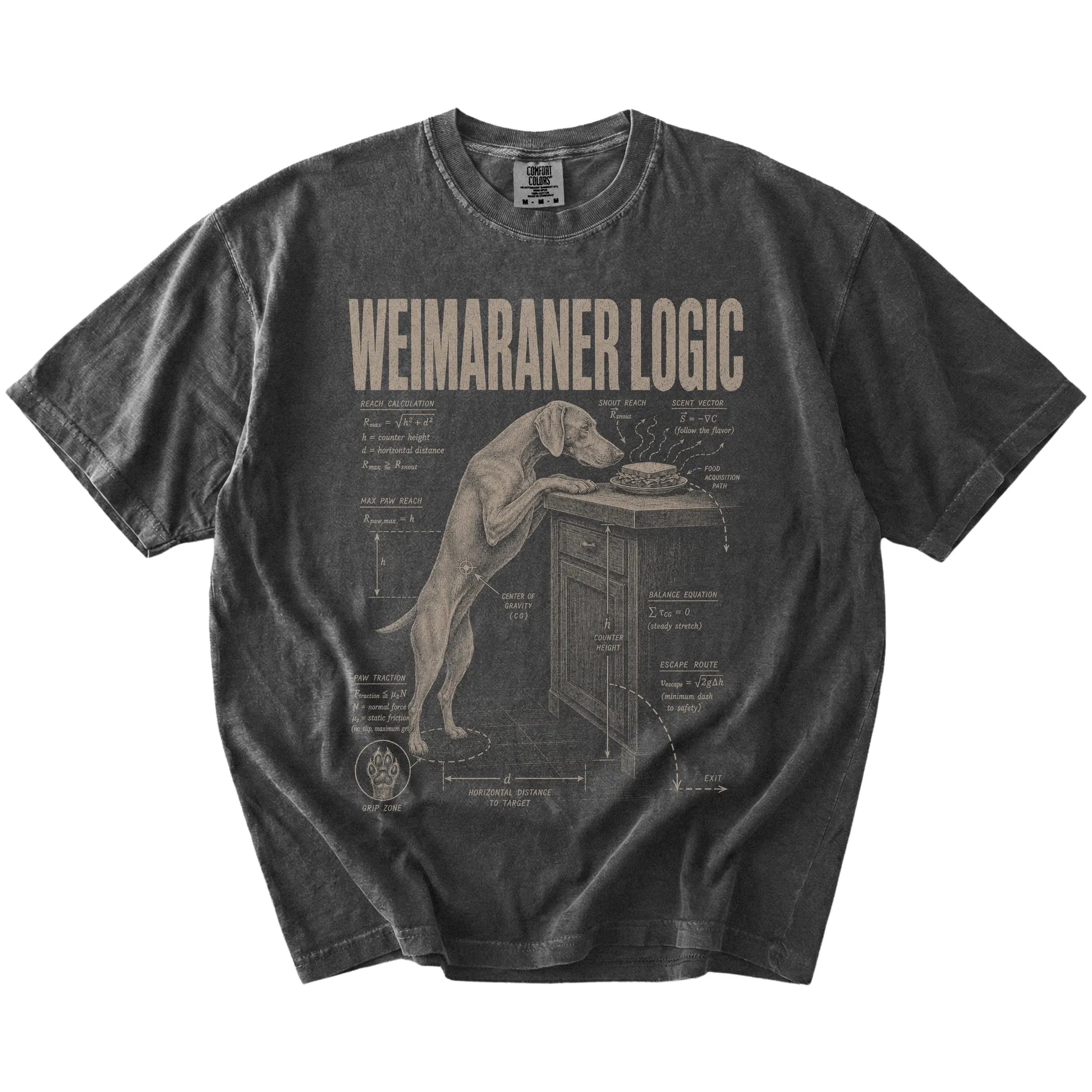 Pepper Weimaraner Logic T-Shirt laid flat