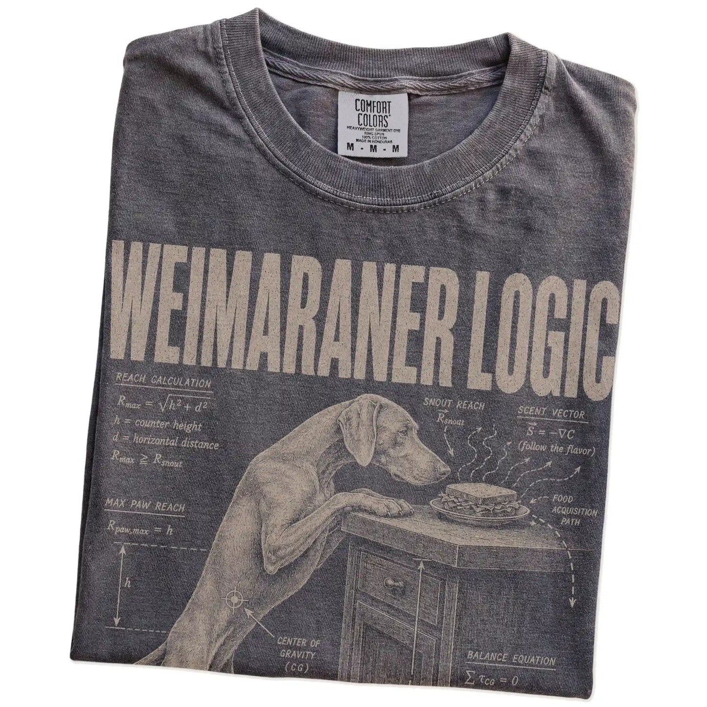 Folded Pepper Weimaraner Logic T-Shirt showing the graphic