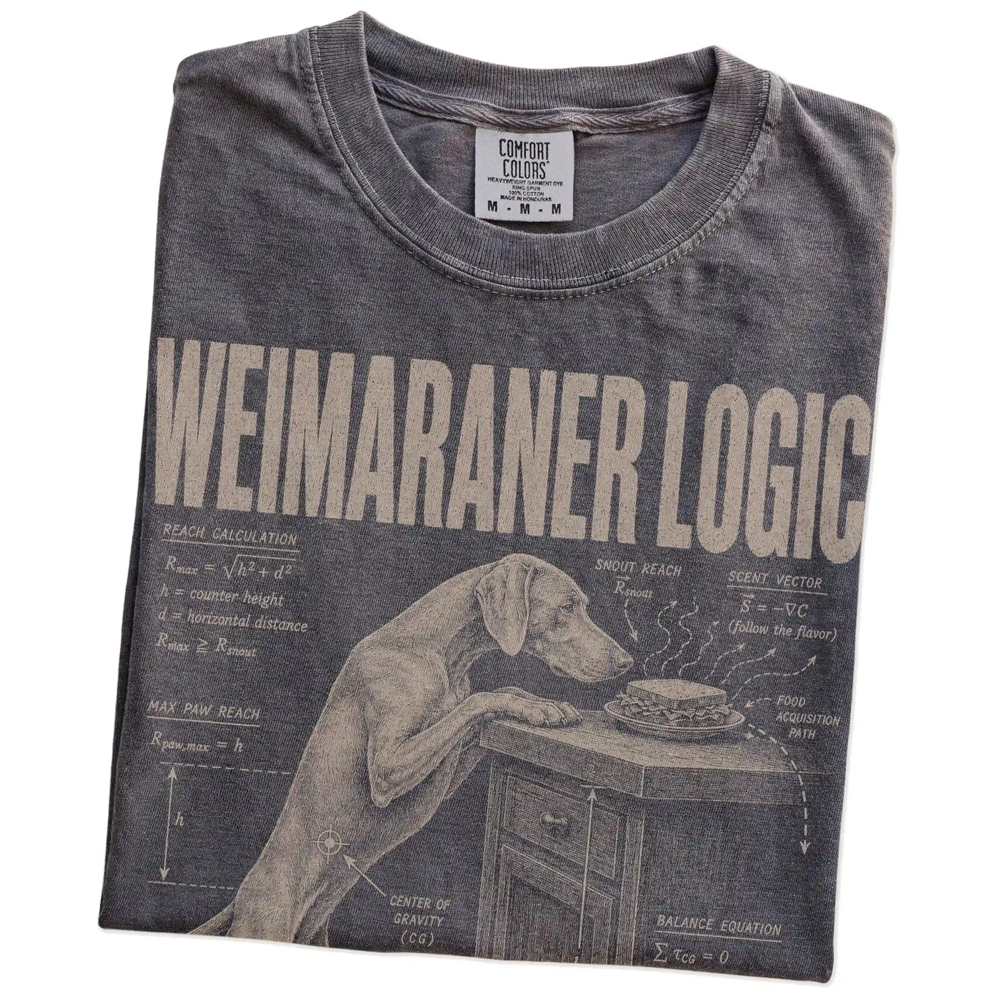 Folded Pepper Weimaraner Logic T-Shirt showing the graphic