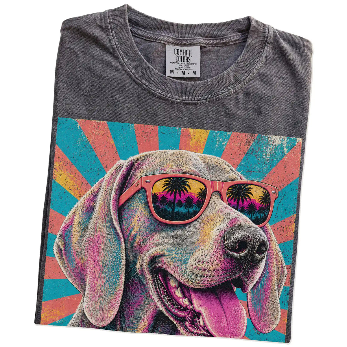Retro Weimaraner Mama design on a Pepper Comfort Colors T-shirt folded detail