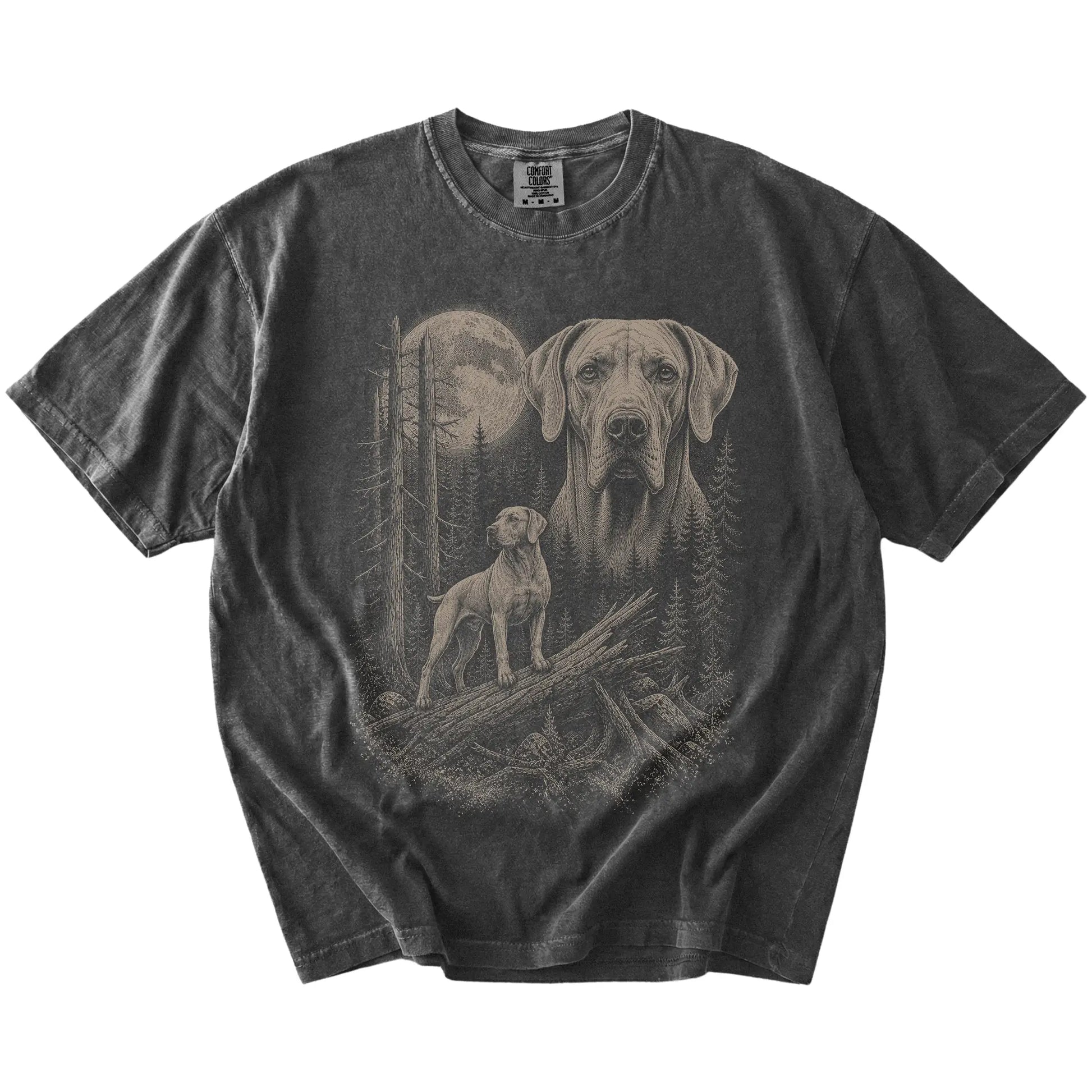 Pepper Weimaraner Moonlit Forest T-Shirt laid flat