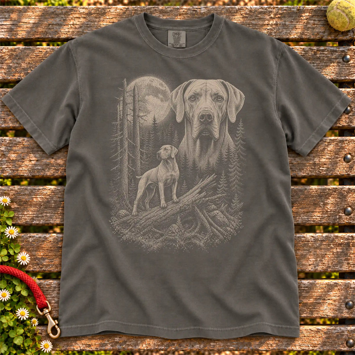 Weimaraner Moonlit Forest design on a Pepper T-shirt shown flat