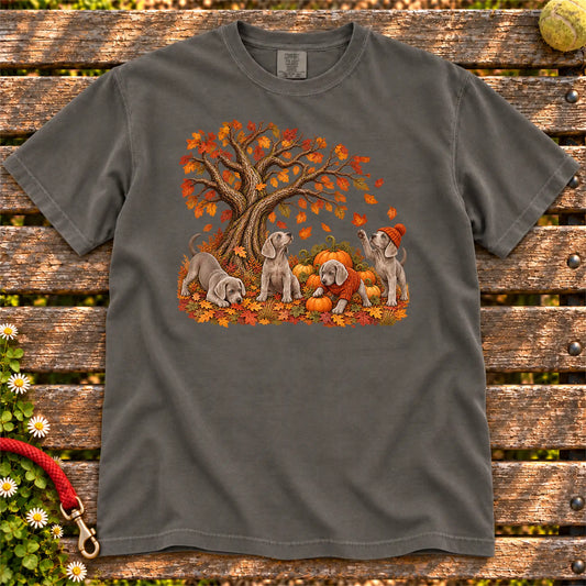 Four Weimaraner puppies with pumpkins beneath an autumn tree on a Pepper garment-dyed T-shirt