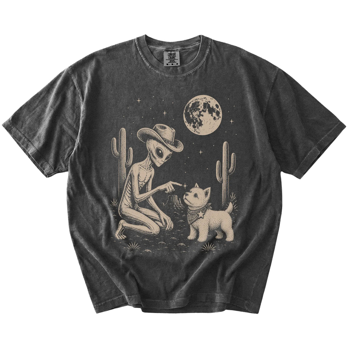 Cowboy alien fist-bumping a Westie beneath the moon on a Pepper Comfort Colors® T-shirt