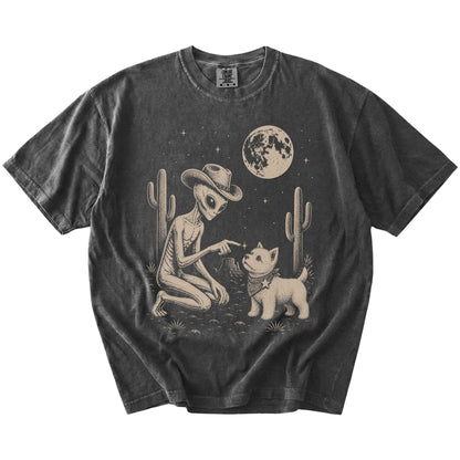 Cowboy alien fist-bumping a Westie beneath the moon on a Pepper Comfort Colors® T-shirt